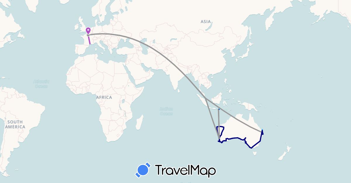 TravelMap itinerary: driving, plane, train, boat in Australia, France, Indonesia, Singapore (Asia, Europe, Oceania)